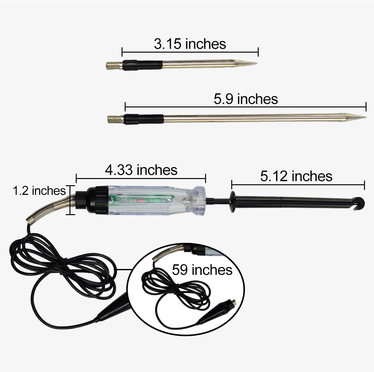 ALLOSUN GK5225 Automotive Wire Piercing DC Voltage Circuit 6V / 12V Hook Probe Tester 59 Inch Cord with LED & Buzzer Indicator, White